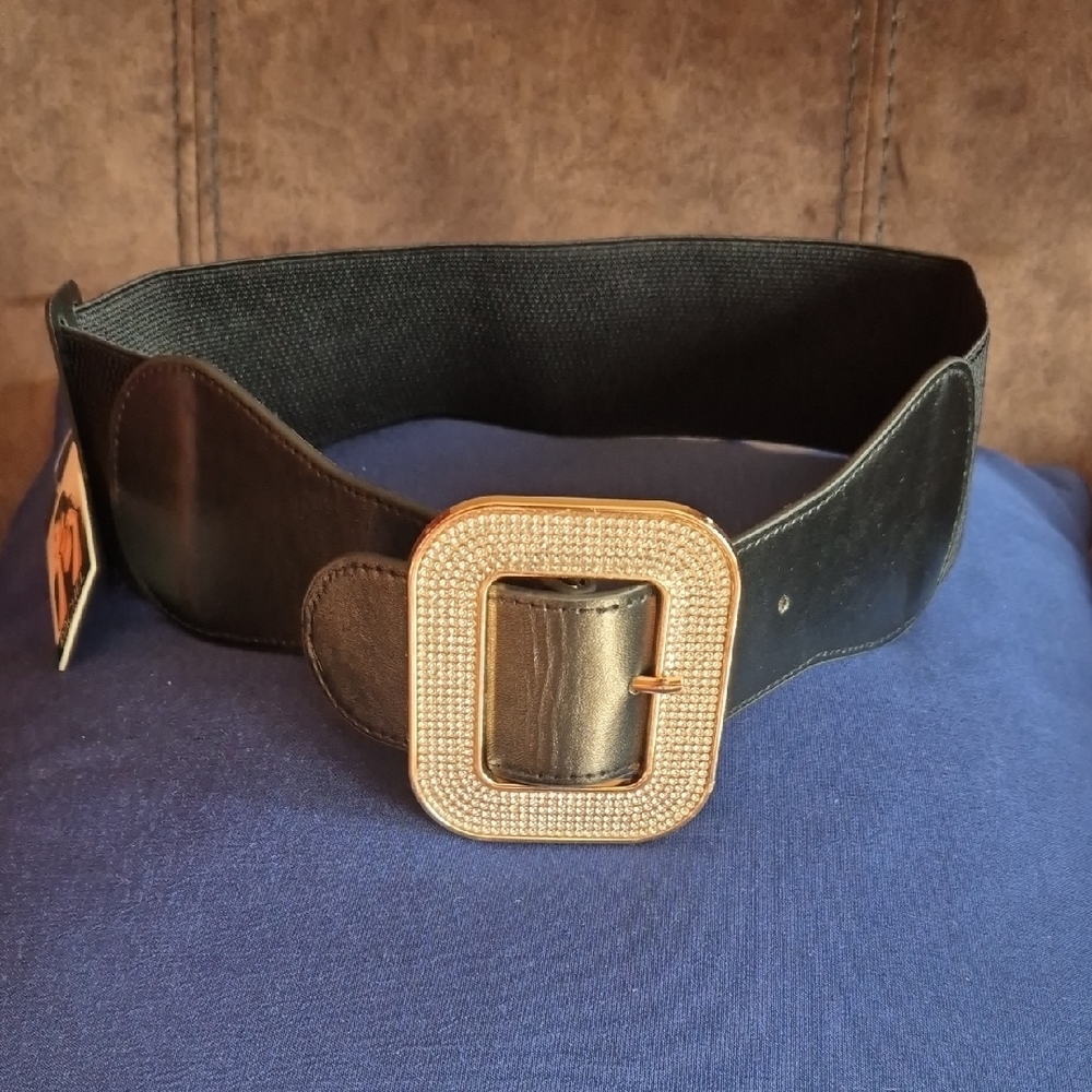 Rachel Roy Women's Elastic Black Belt With Crystal Gold Buckle,  size S/M